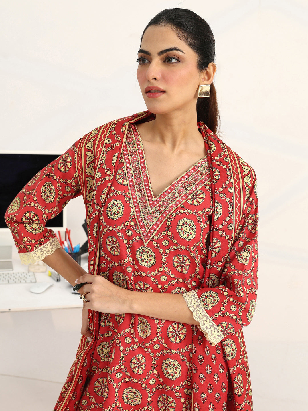 Coral Floral Printed Cotton Blend A-Line Suit Set With Dupatta