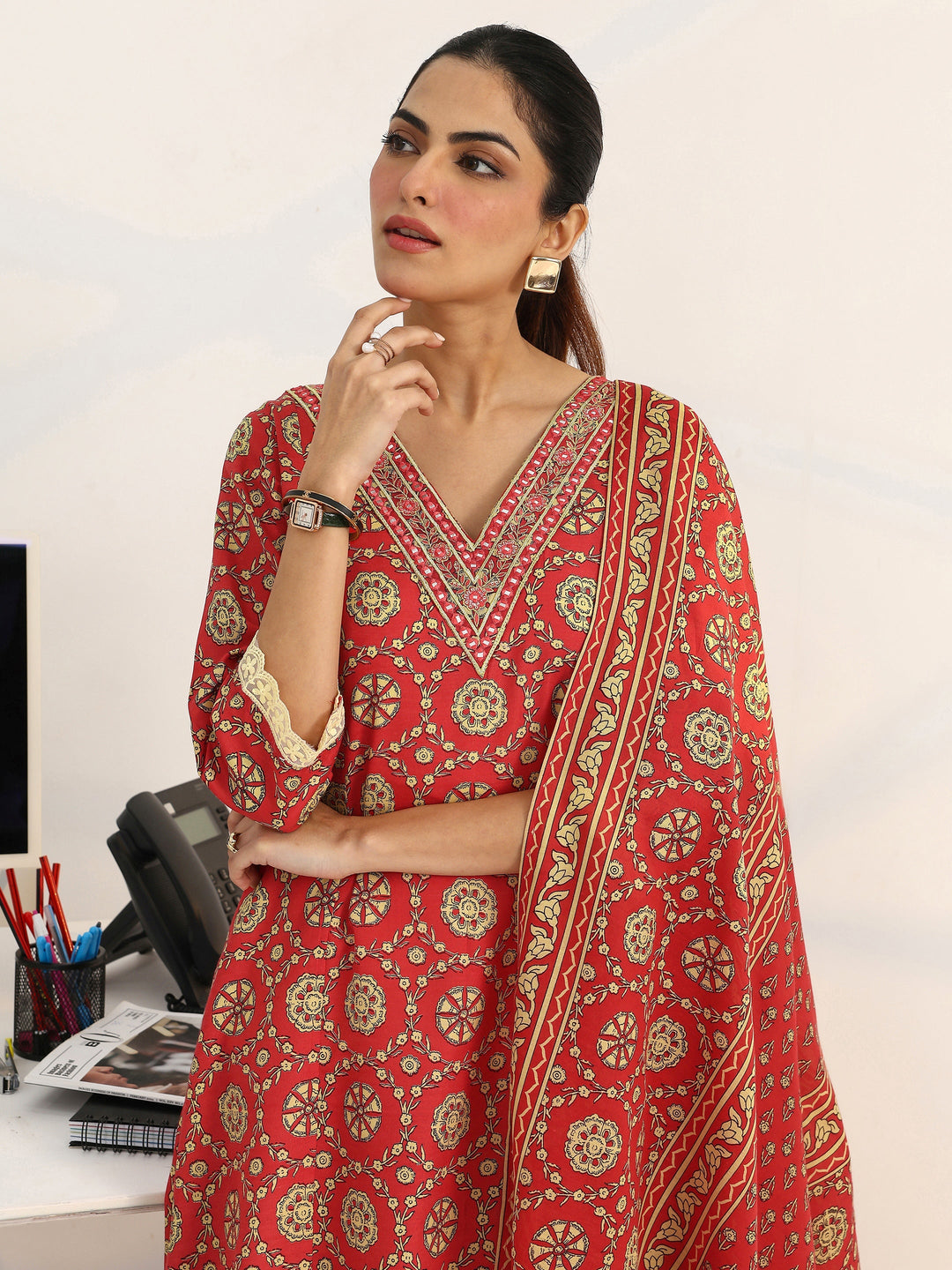 Coral Floral Printed Cotton Blend A-Line Suit Set With Dupatta