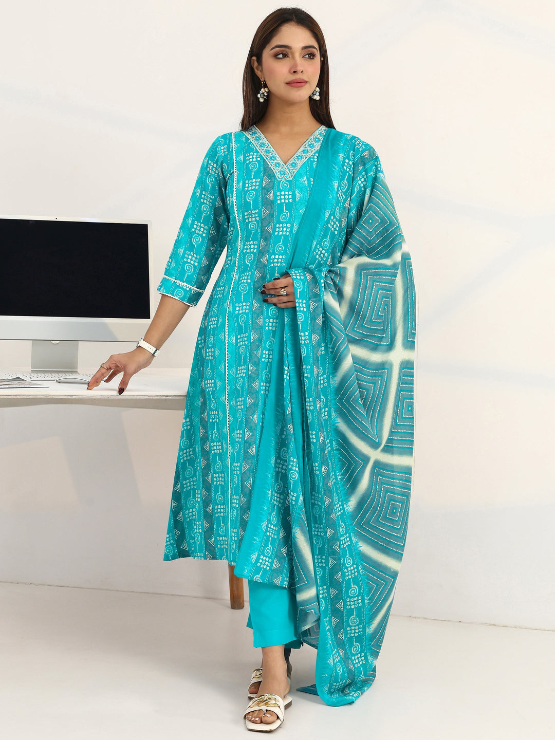 Blue Geometric Printed Cotton Blend A-Line Suit Set With Dupatta