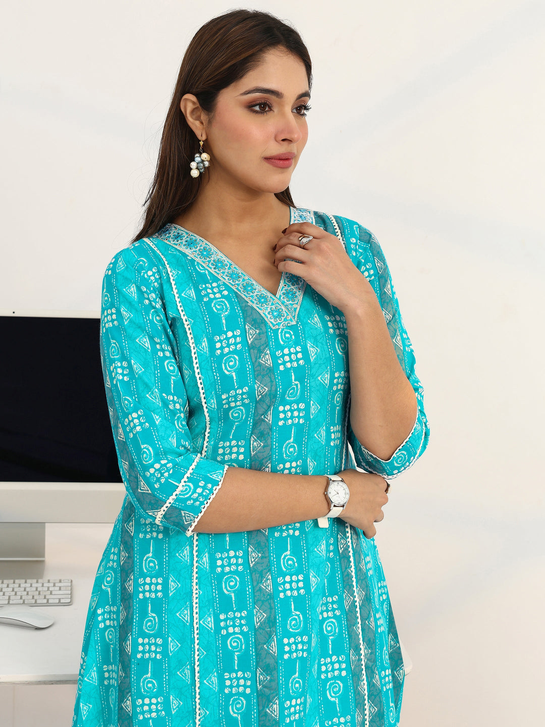 Blue Geometric Printed Cotton Blend A-Line Suit Set With Dupatta