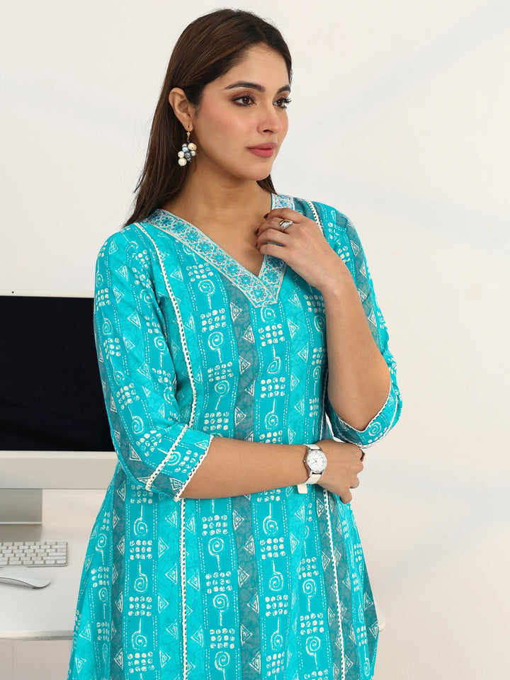 Blue Geometric Printed Cotton Blend A-Line Suit Set With Dupatta