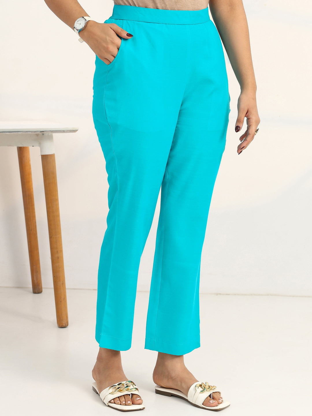 Blue Geometric Printed Cotton Blend A-Line Suit Set With Dupatta