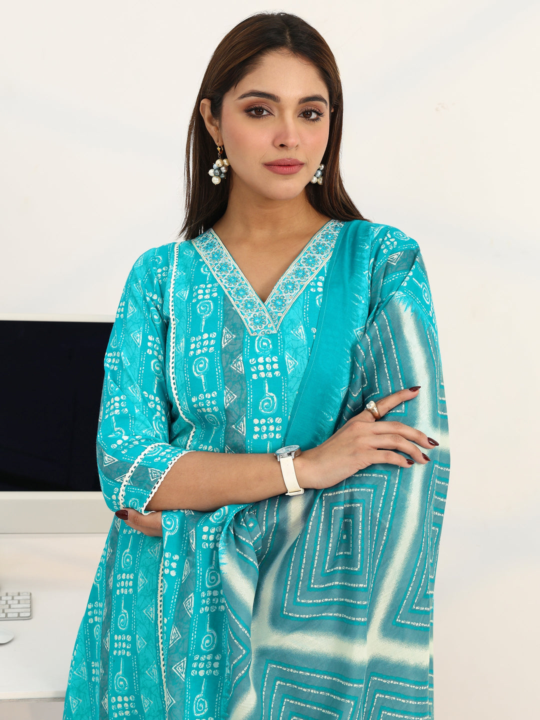Blue Geometric Printed Cotton Blend A-Line Suit Set With Dupatta
