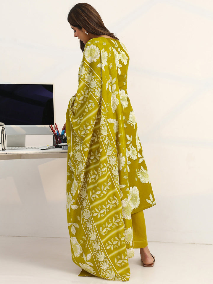 Green Floral Printed Cotton Blend A-Line Suit Set With Dupatta