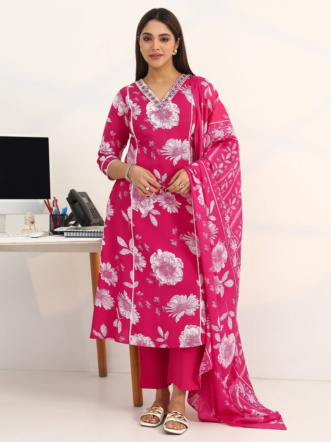 Power Petal Cotton Blend Pink A-line Suit Set