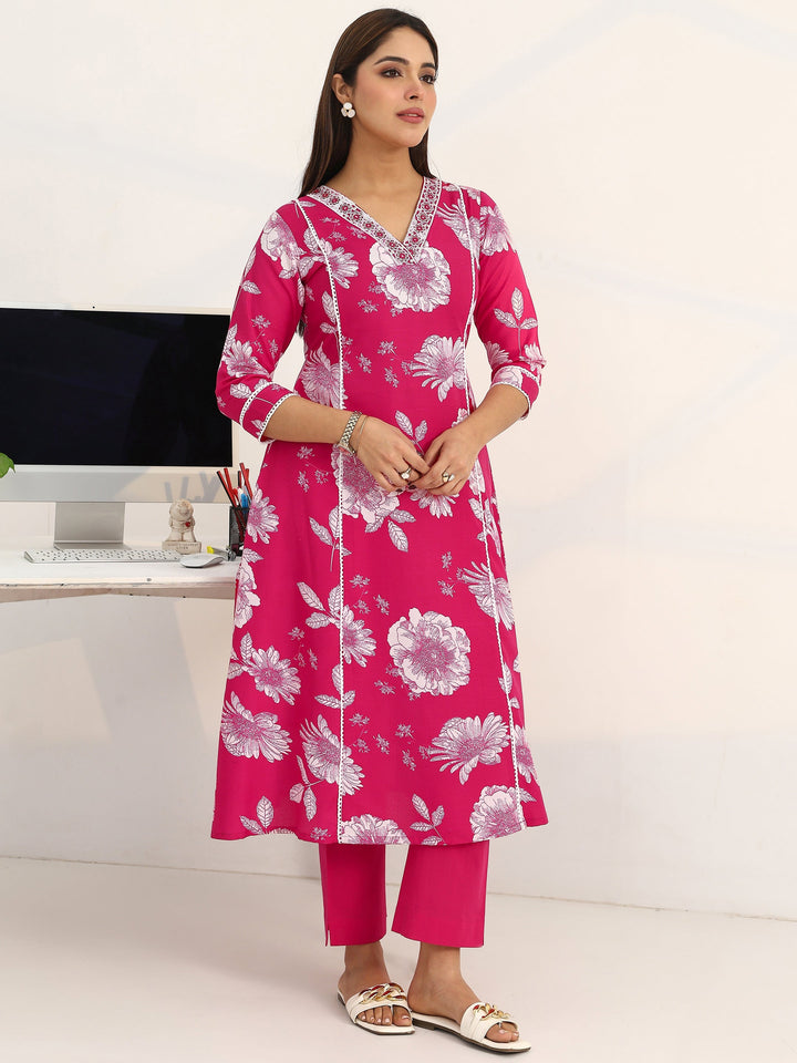 Power Petal Cotton Blend Pink A-line Suit Set