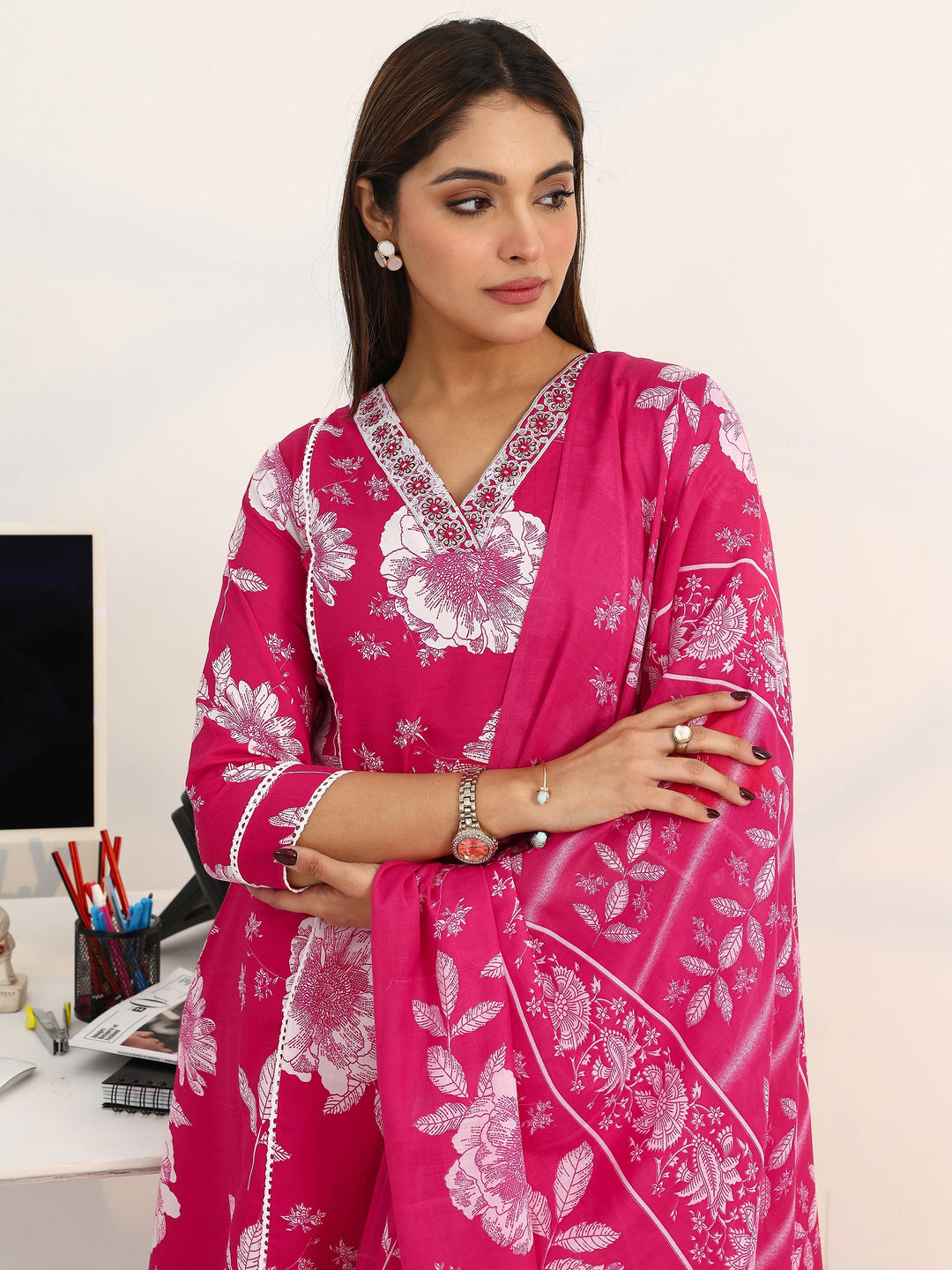 Power Petal Cotton Blend Pink A-line Suit Set