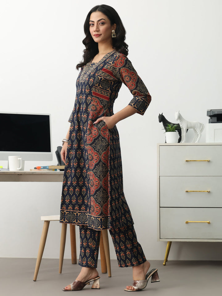 Navy Blue Ethnic Motifs Printed Cotton Blend A-Line Suit Set With Dupatta