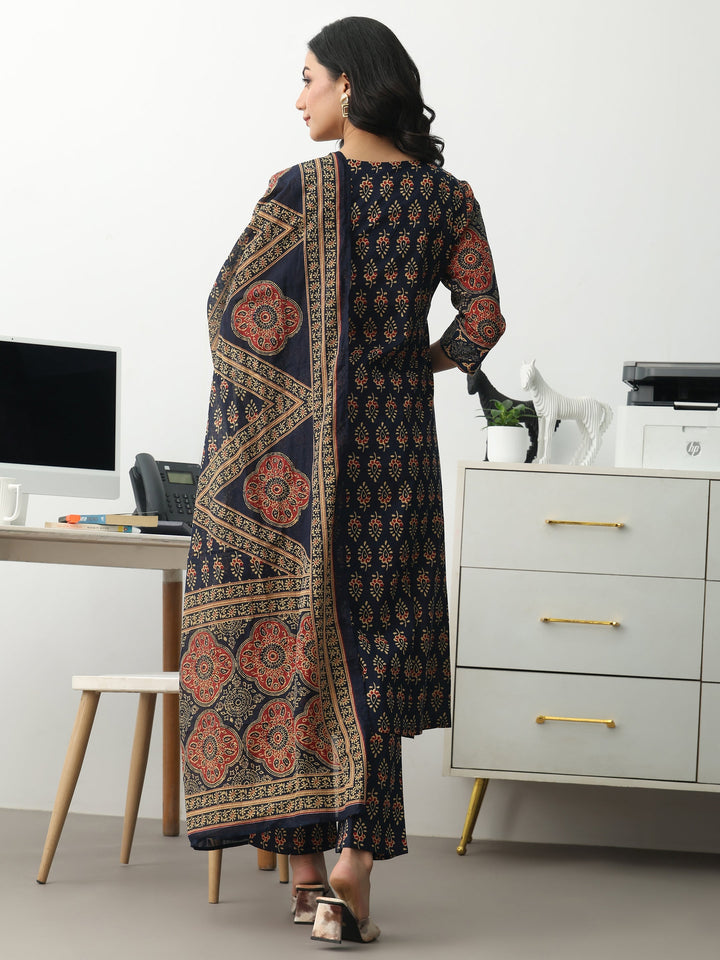 Navy Blue Ethnic Motifs Printed Cotton Blend A-Line Suit Set With Dupatta
