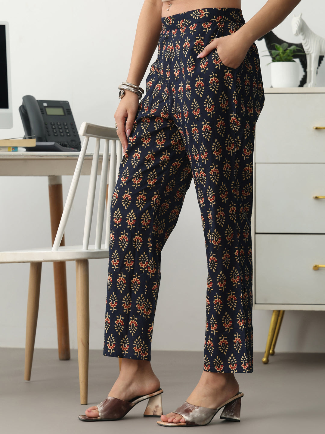 Navy Blue Ethnic Motifs Printed Cotton Blend A-Line Suit Set With Dupatta