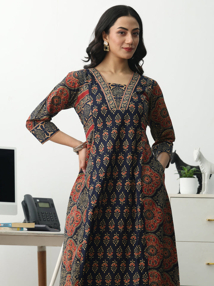 Navy Blue Ethnic Motifs Printed Cotton Blend A-Line Suit Set With Dupatta