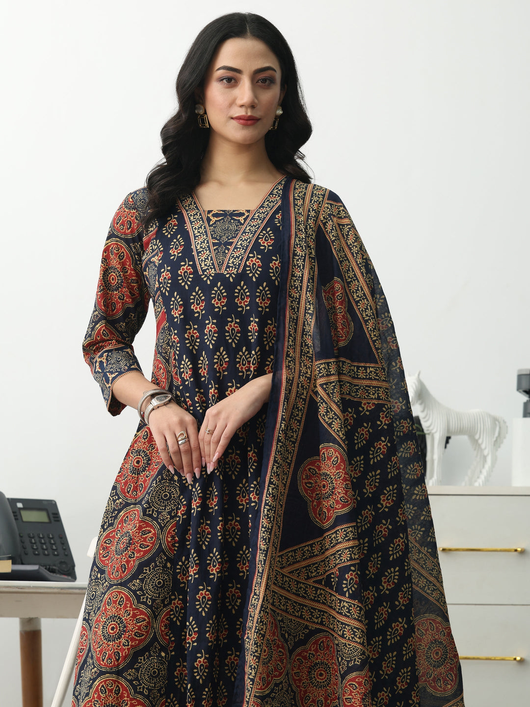 Navy Blue Ethnic Motifs Printed Cotton Blend A-Line Suit Set With Dupatta