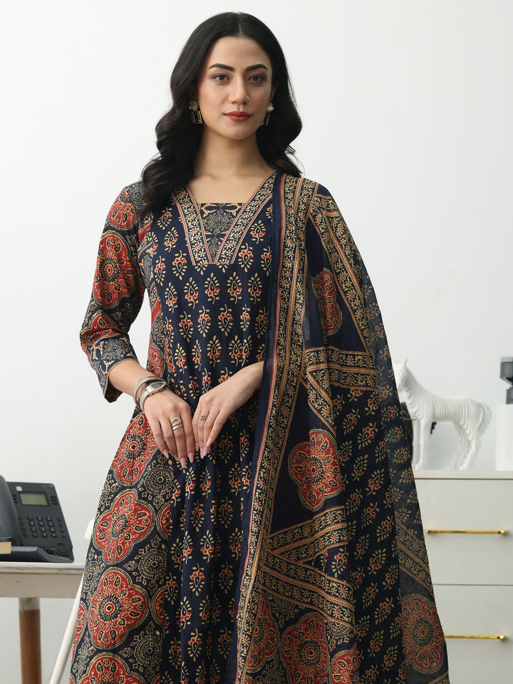 Navy Blue Ethnic Motifs Printed Cotton Blend A-Line Suit Set With Dupatta