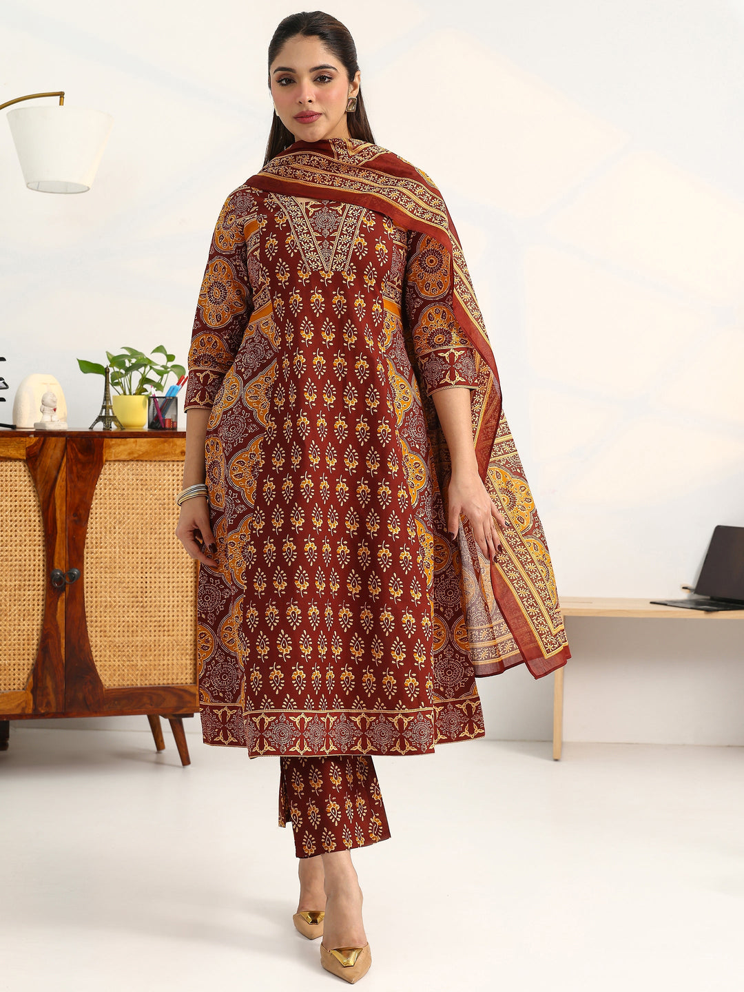 Brown Ethnic Motifs Printed Cotton Blend A-Line Suit Set With Dupatta