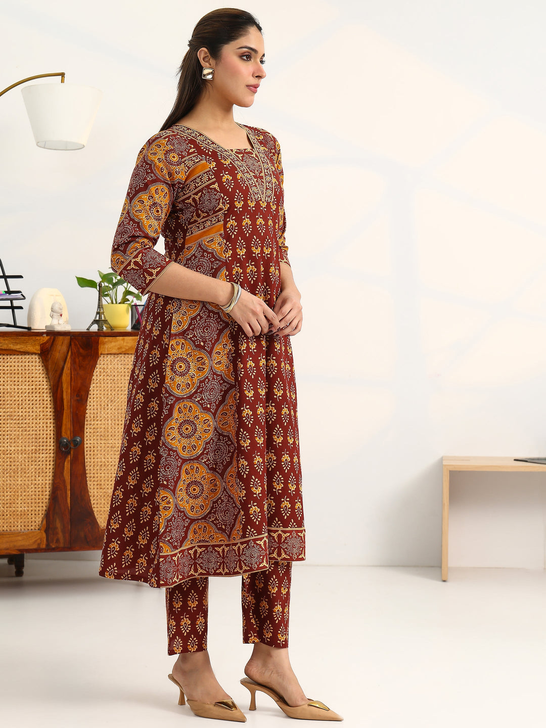 Brown Ethnic Motifs Printed Cotton Blend A-Line Suit Set With Dupatta