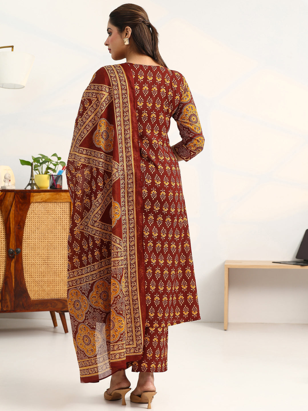Brown Ethnic Motifs Printed Cotton Blend A-Line Suit Set With Dupatta