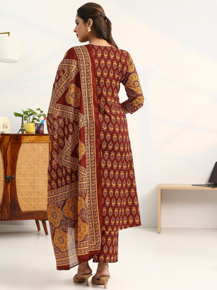 Brown Ethnic Motifs Printed Cotton Blend A-Line Suit Set With Dupatta