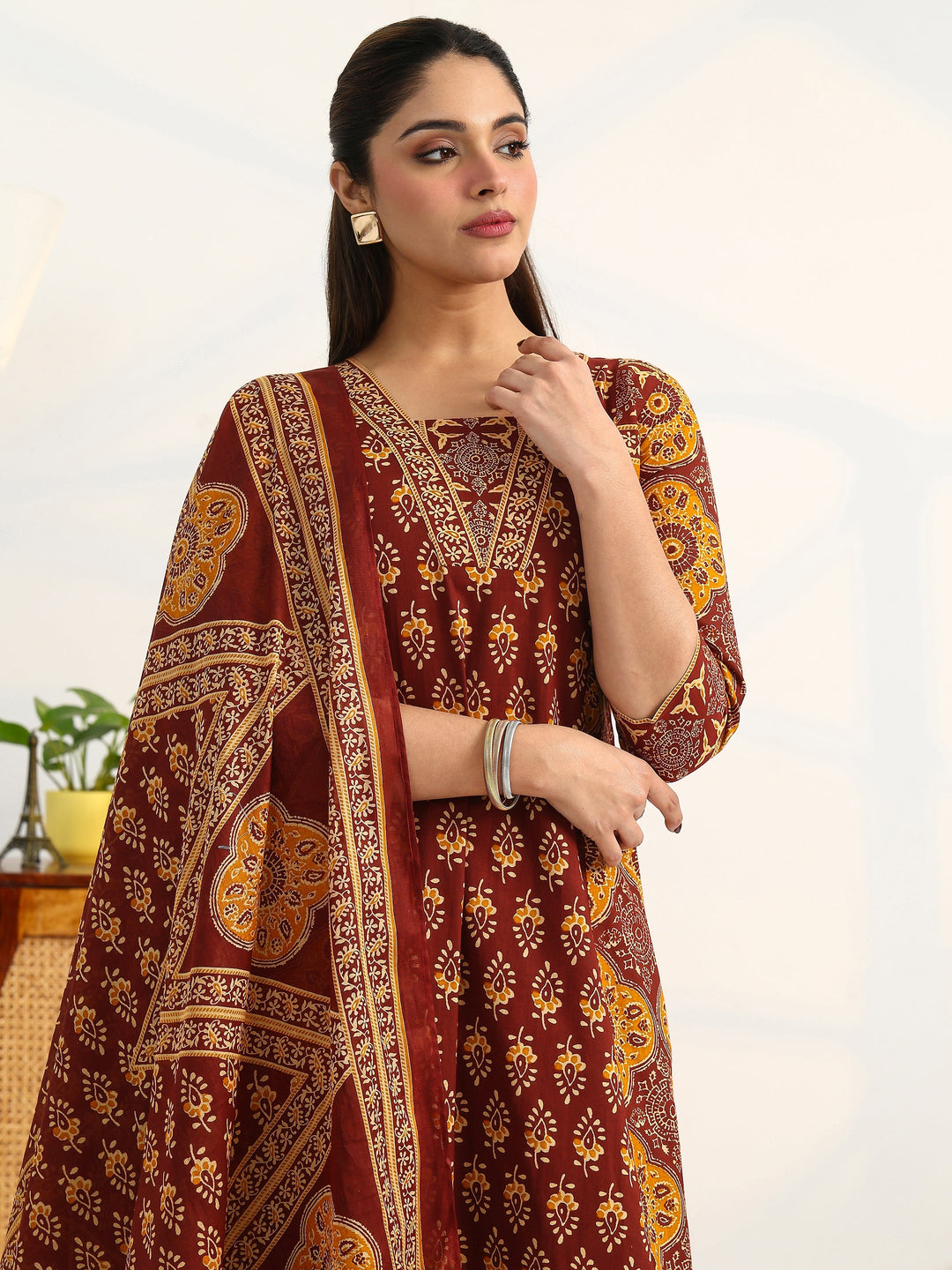 Brown Ethnic Motifs Printed Cotton Blend A-Line Suit Set With Dupatta