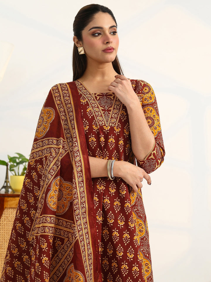 Brown Ethnic Motifs Printed Cotton Blend A-Line Suit Set With Dupatta