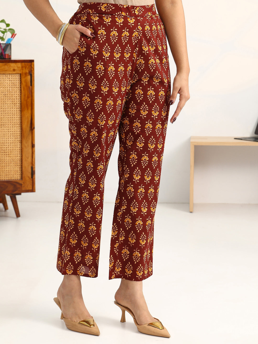 Brown Ethnic Motifs Printed Cotton Blend A-Line Suit Set With Dupatta