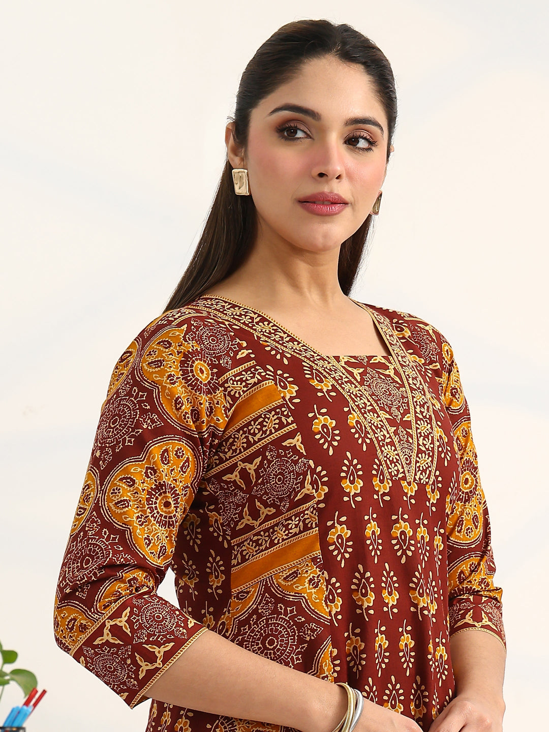 Brown Ethnic Motifs Printed Cotton Blend A-Line Suit Set With Dupatta
