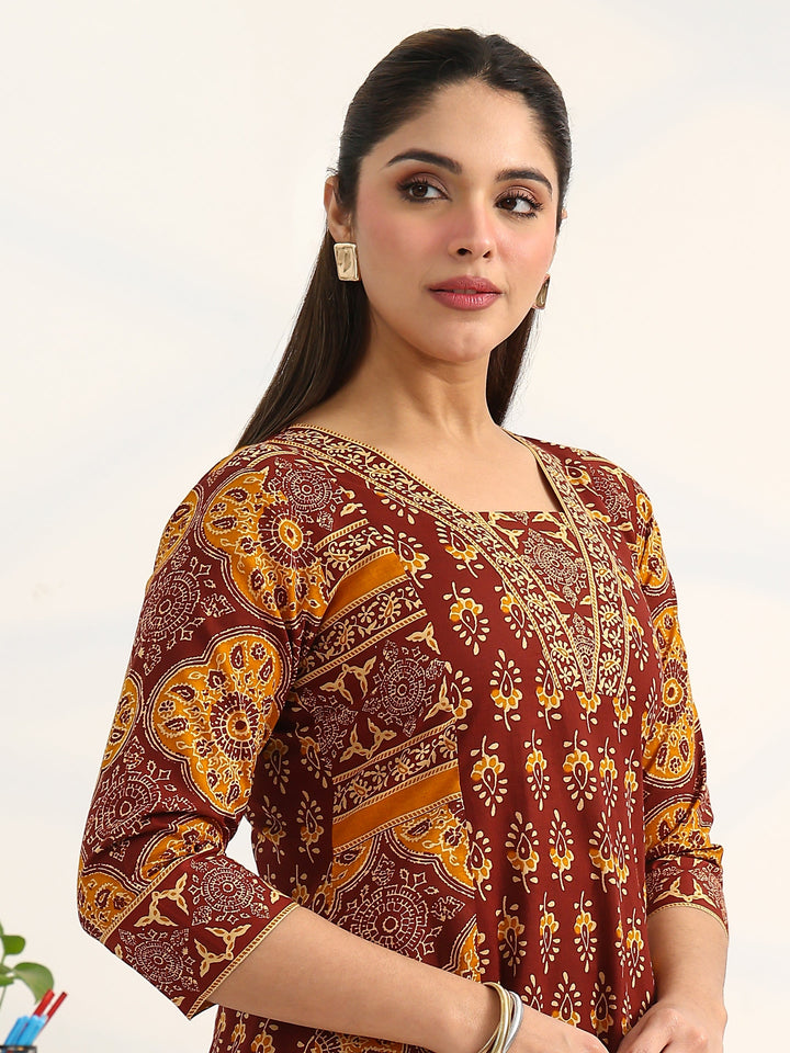 Brown Ethnic Motifs Printed Cotton Blend A-Line Suit Set With Dupatta