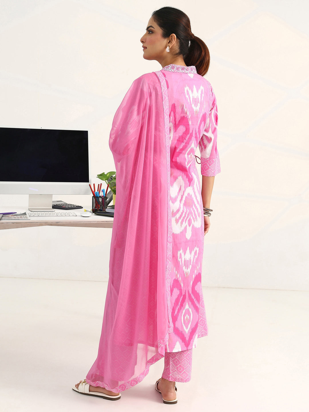 Pink Abstract Printed Cotton Blend Straight Suit Set With Dupatta