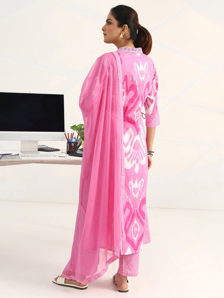 Pink Abstract Printed Cotton Blend Straight Suit Set With Dupatta