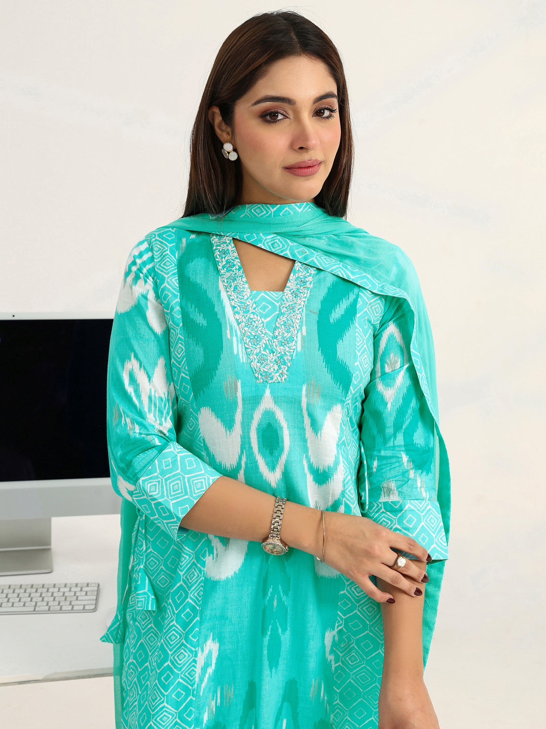 Blue Abstract Printed Cotton Blend Straight Suit Set With Dupatta
