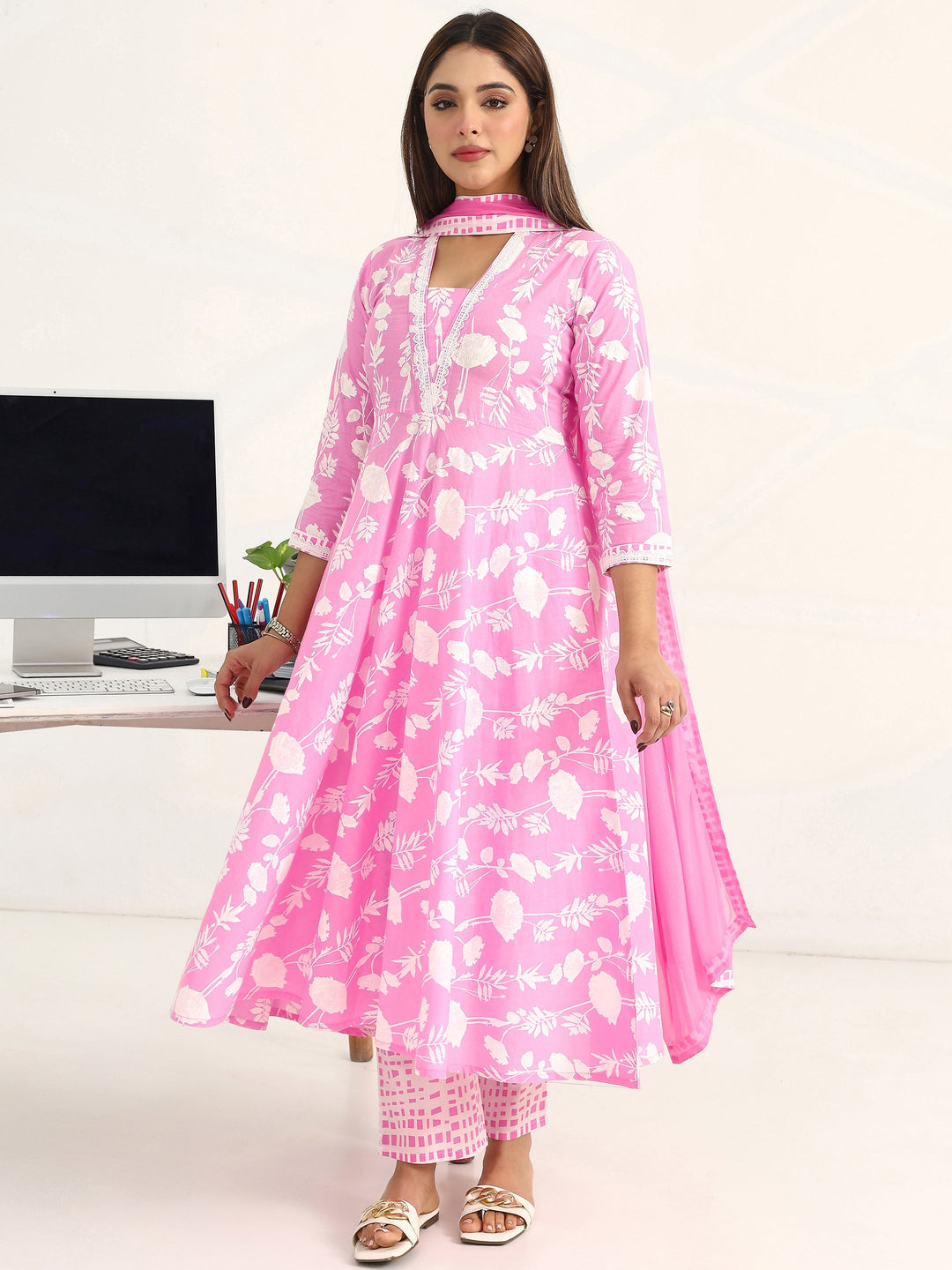 Pink Floral Printed Cotton Blend A-Line Suit Set With Dupatta