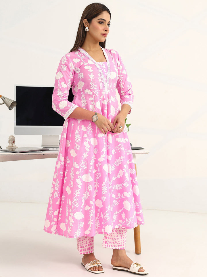 Pink Floral Printed Cotton Blend A-Line Suit Set With Dupatta