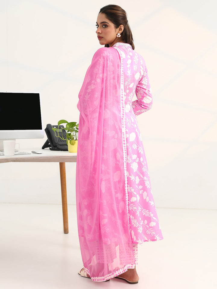 Pink Floral Printed Cotton Blend A-Line Suit Set With Dupatta