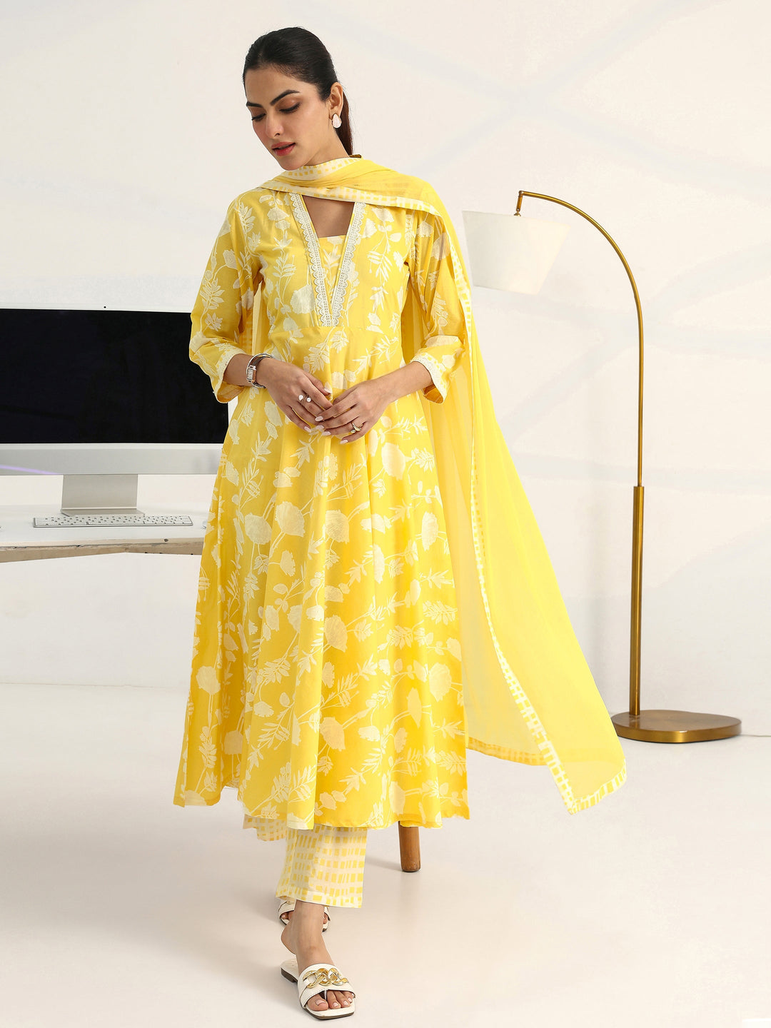 Yellow Floral Printed Cotton Blend A-Line Suit Set With Dupatta
