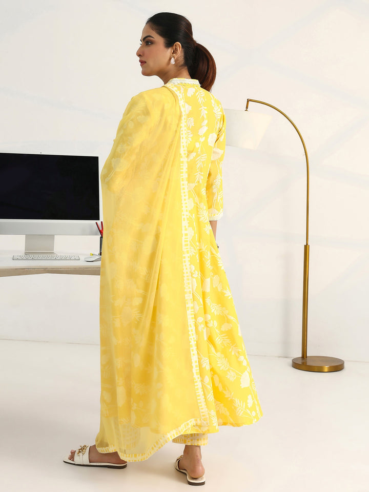 Yellow Floral Printed Cotton Blend A-Line Suit Set With Dupatta