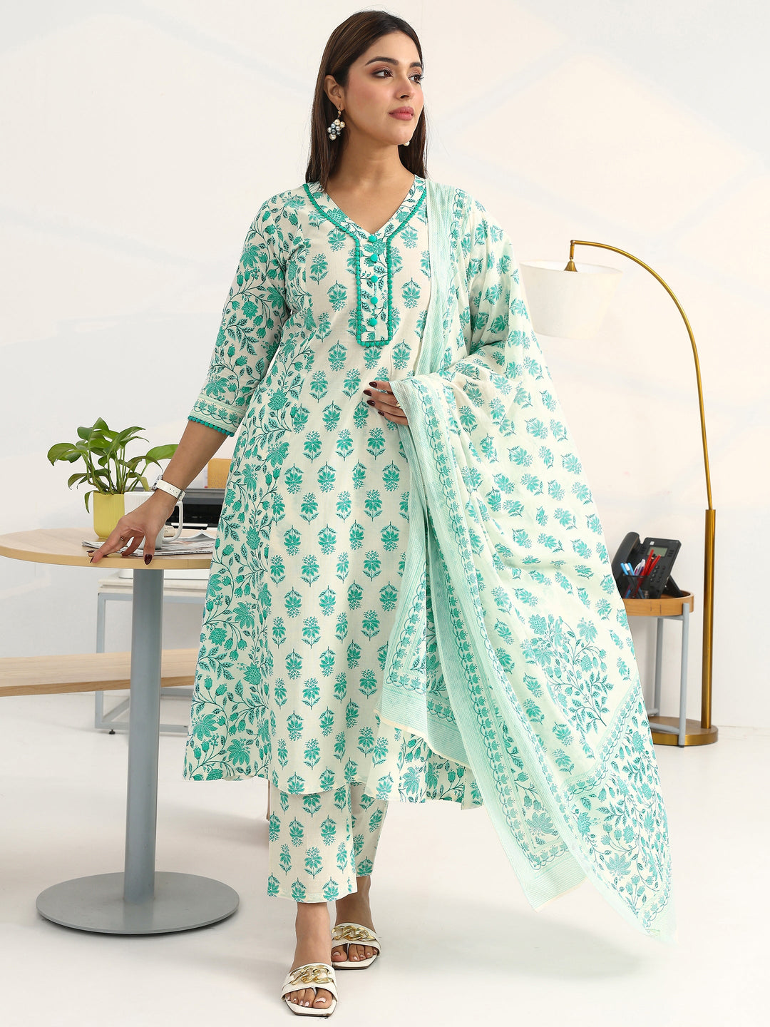 White Floral Printed Cotton Blend A-Line Suit Set With Dupatta