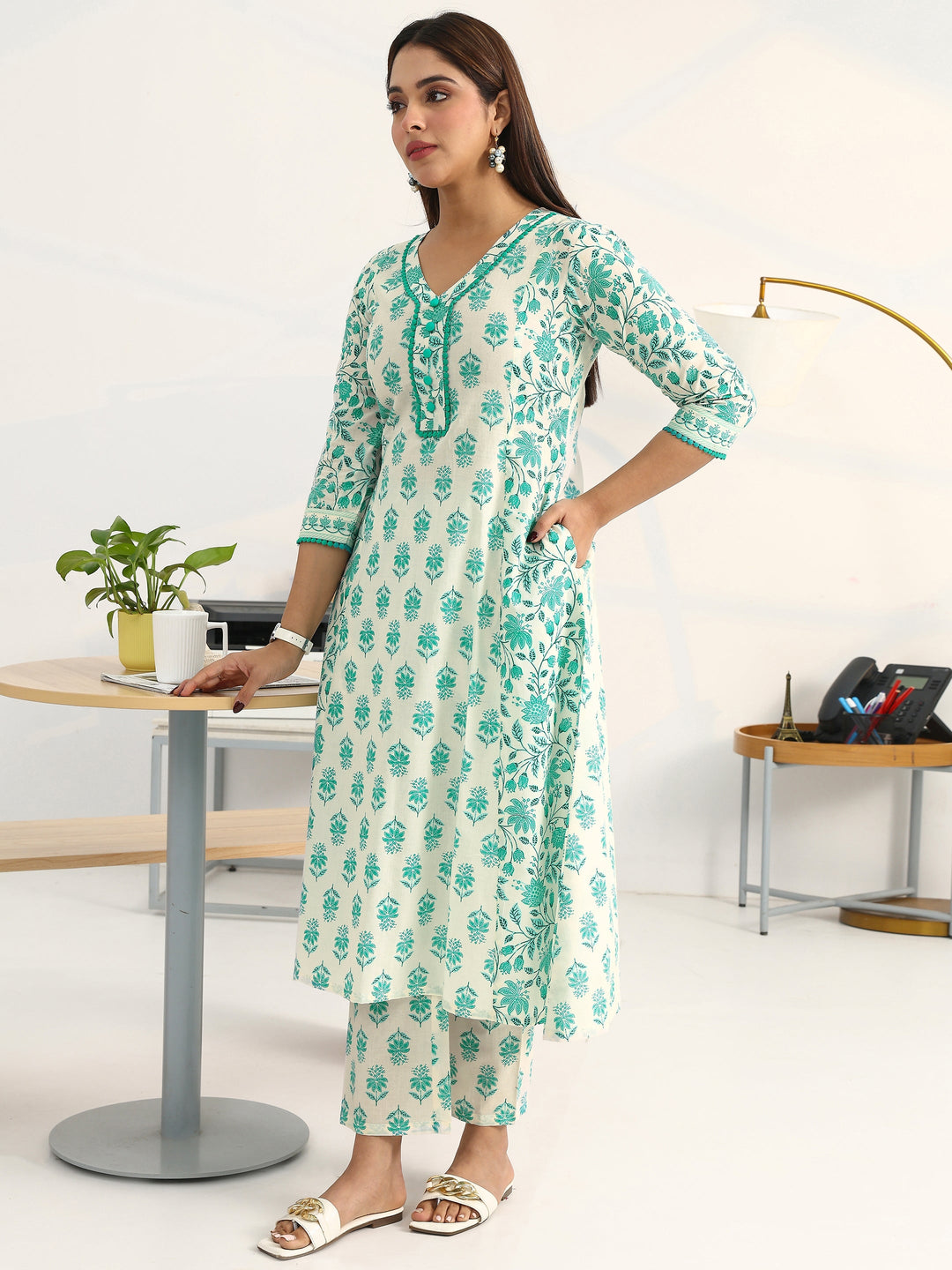 White Floral Printed Cotton Blend A-Line Suit Set With Dupatta