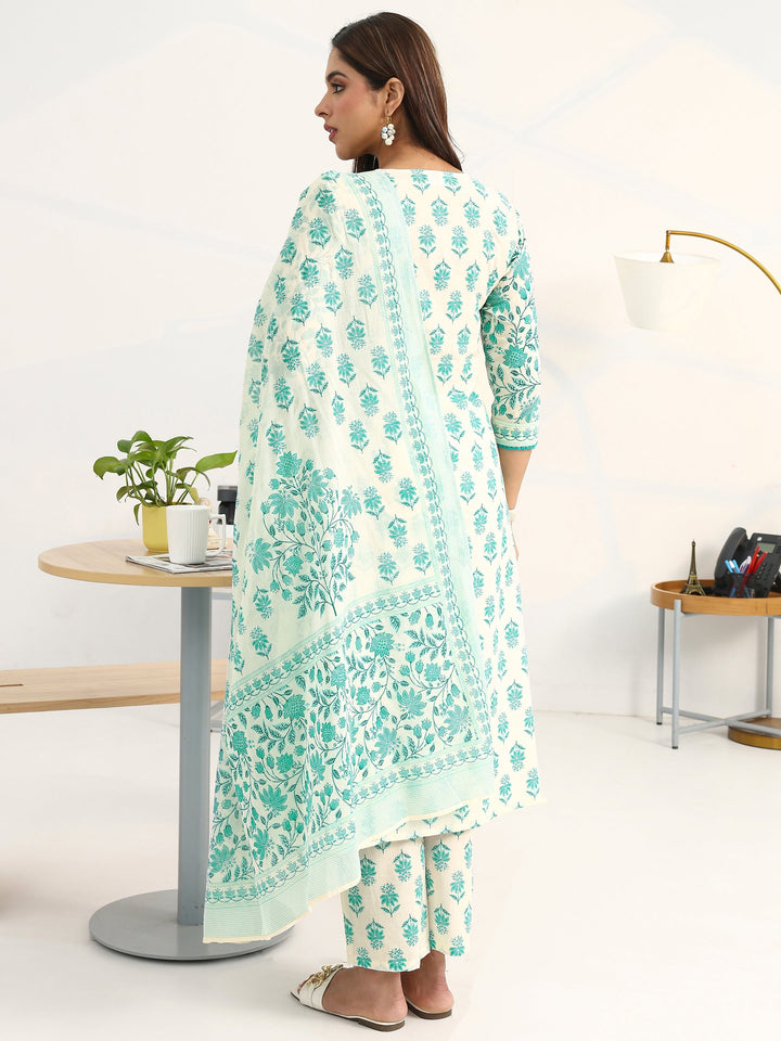 White Floral Printed Cotton Blend A-Line Suit Set With Dupatta