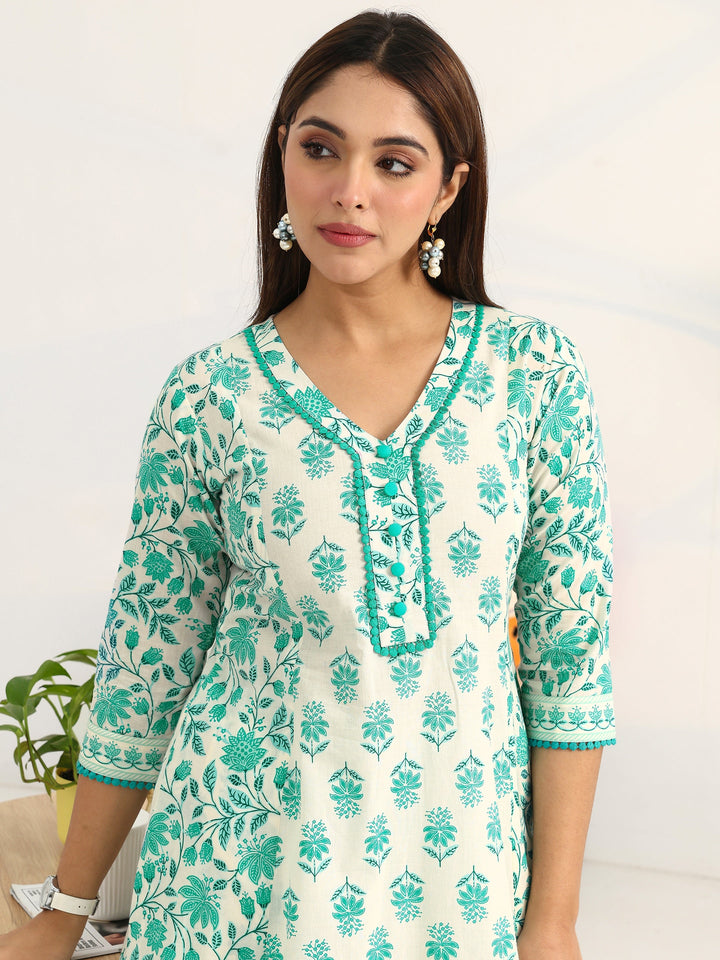 White Floral Printed Cotton Blend A-Line Suit Set With Dupatta