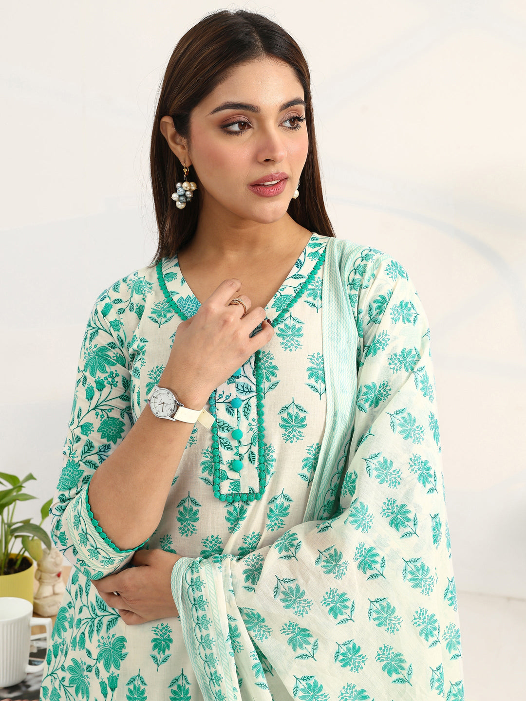 White Floral Printed Cotton Blend A-Line Suit Set With Dupatta