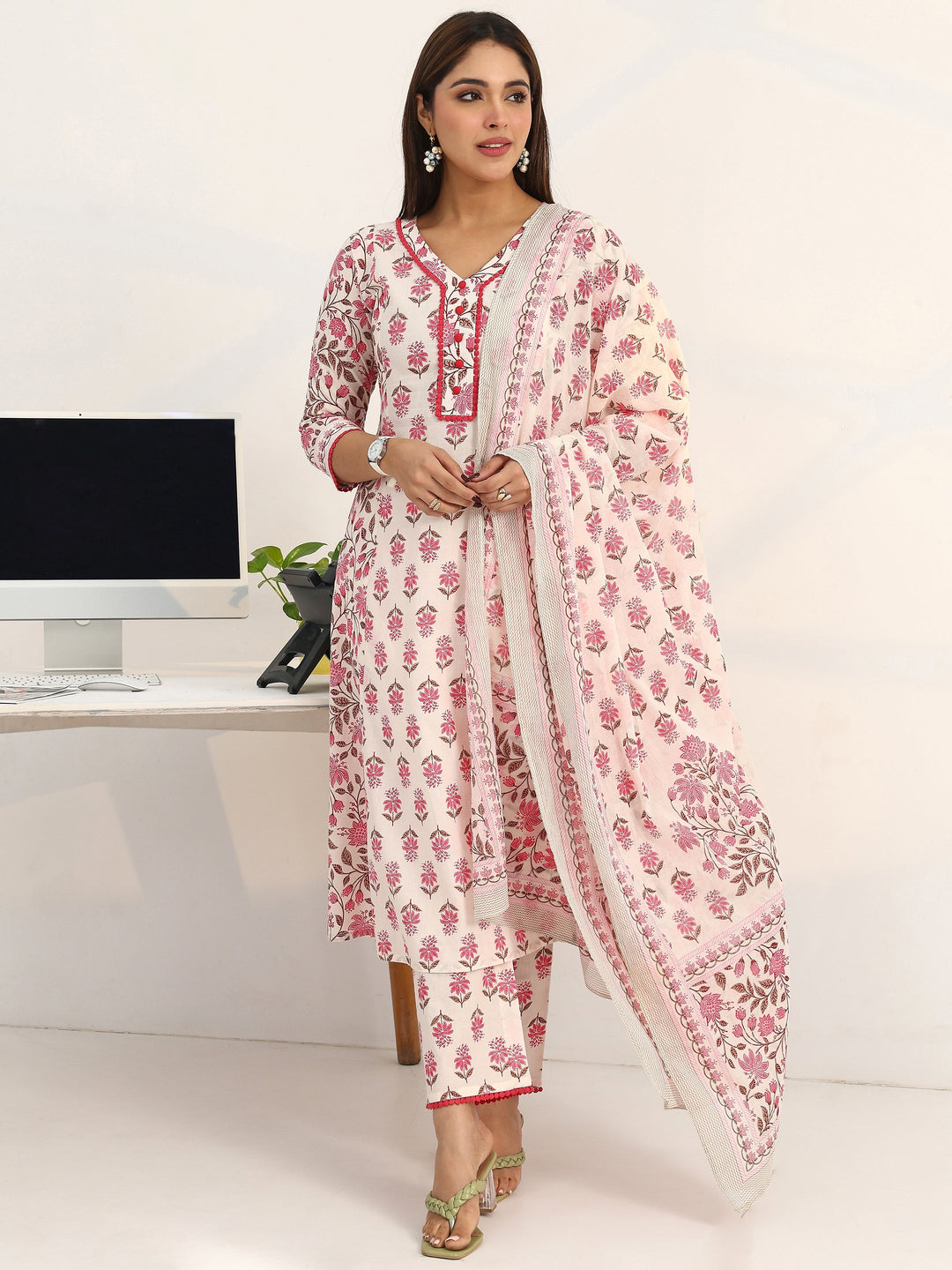 White Floral Printed Cotton Blend A-Line Suit Set With Dupatta