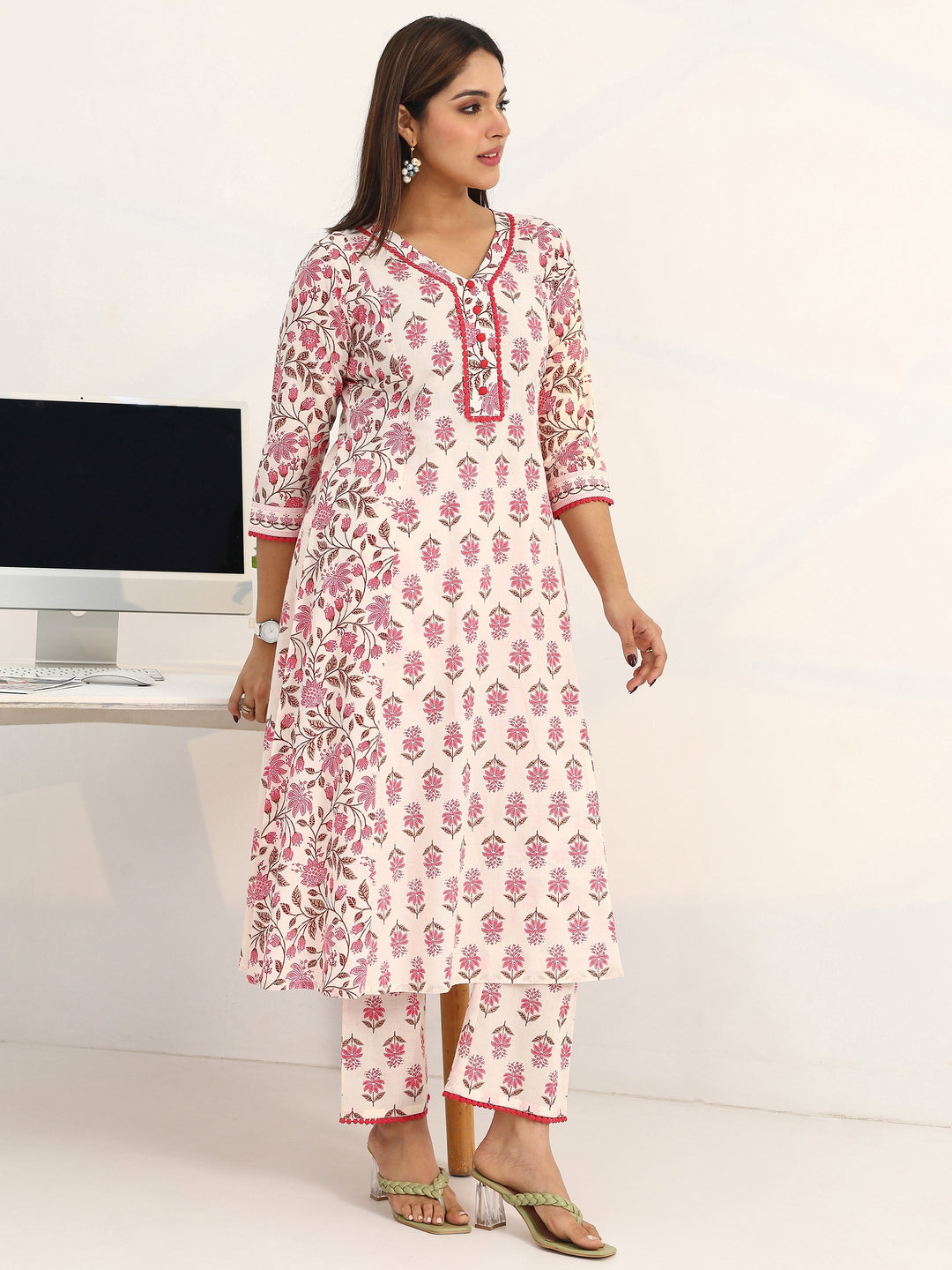 White Floral Printed Cotton Blend A-Line Suit Set With Dupatta