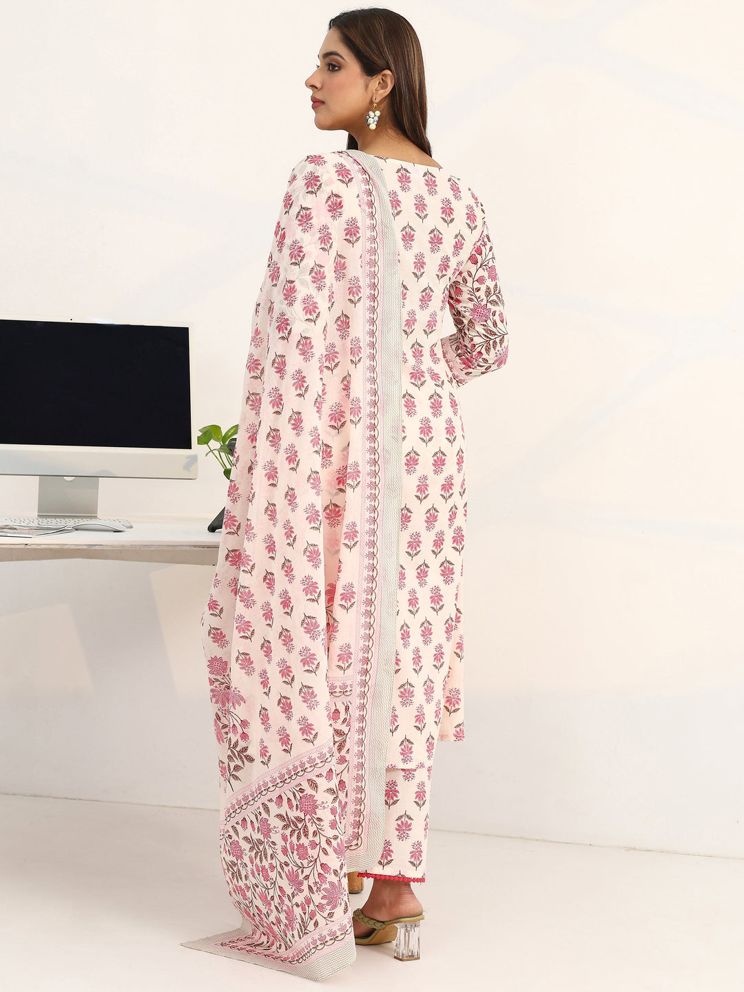 White Floral Printed Cotton Blend A-Line Suit Set With Dupatta