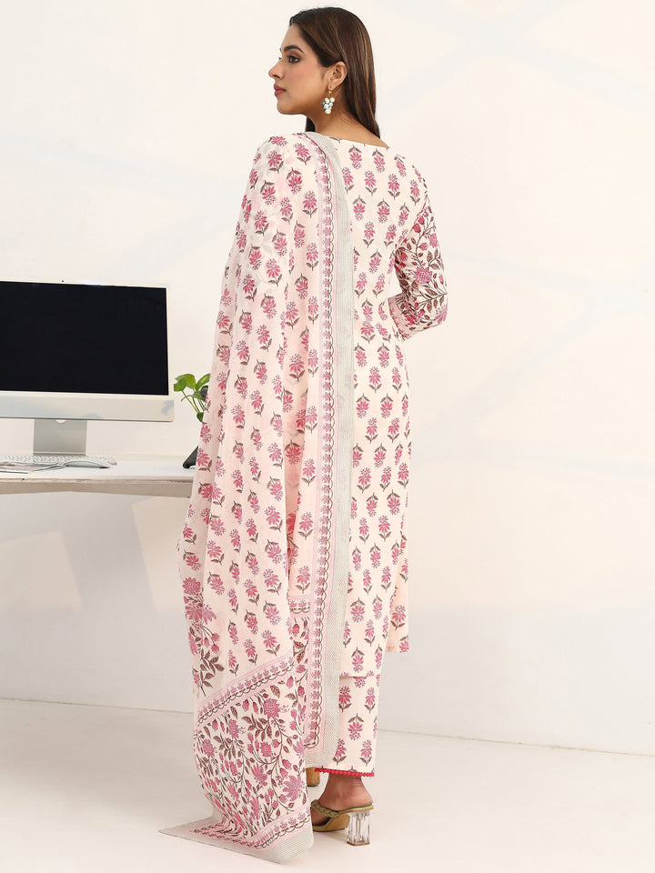 White Floral Printed Cotton Blend A-Line Suit Set With Dupatta