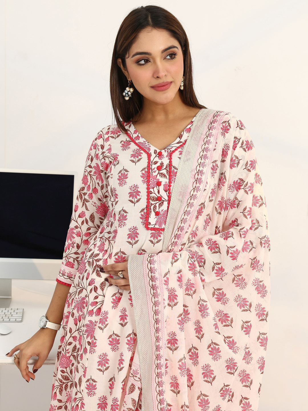 White Floral Printed Cotton Blend A-Line Suit Set With Dupatta