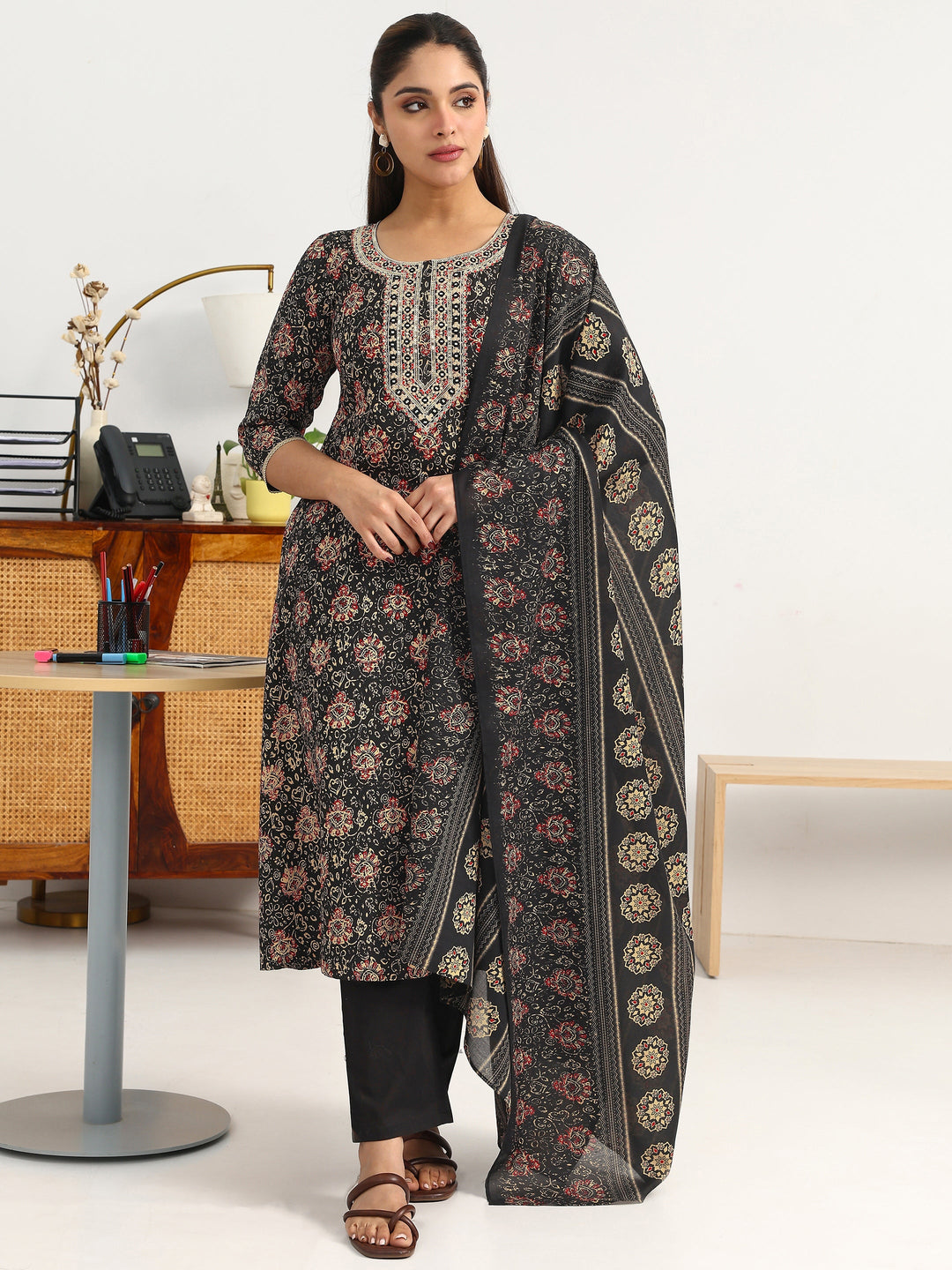 Black Ethnic Motifs Printed Cotton Blend A-Line Suit Set With Dupatta