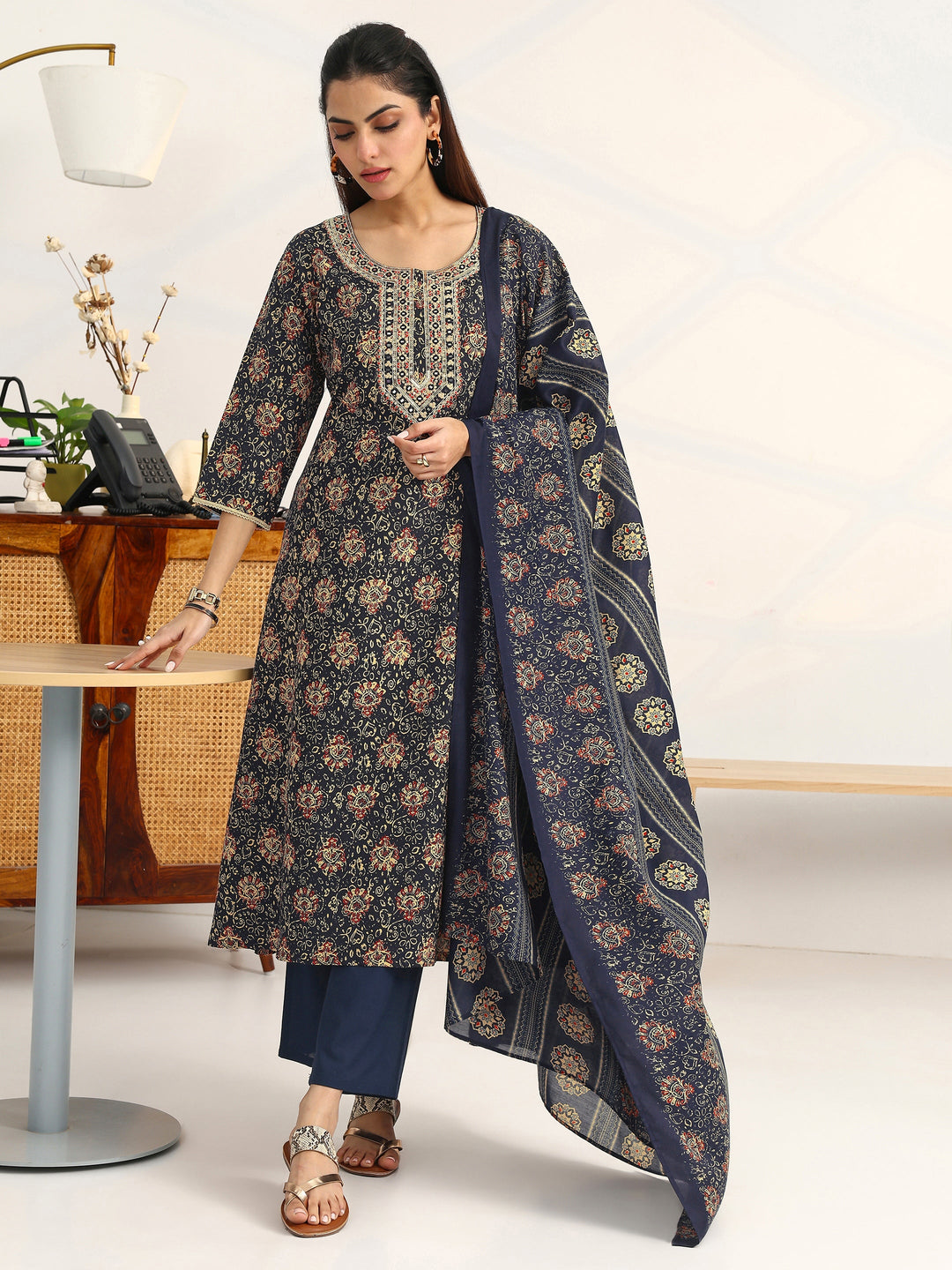 Navy Blue Ethnic Motifs Printed Cotton Blend A-Line Suit Set With Dupatta