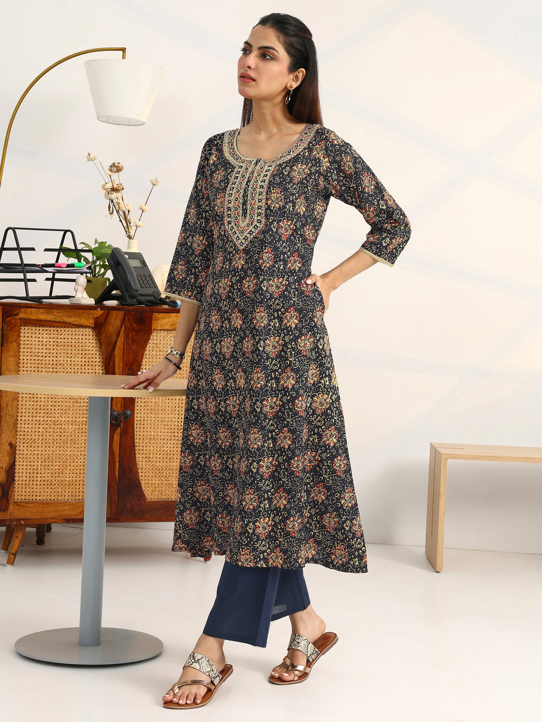 Navy Blue Ethnic Motifs Printed Cotton Blend A-Line Suit Set With Dupatta