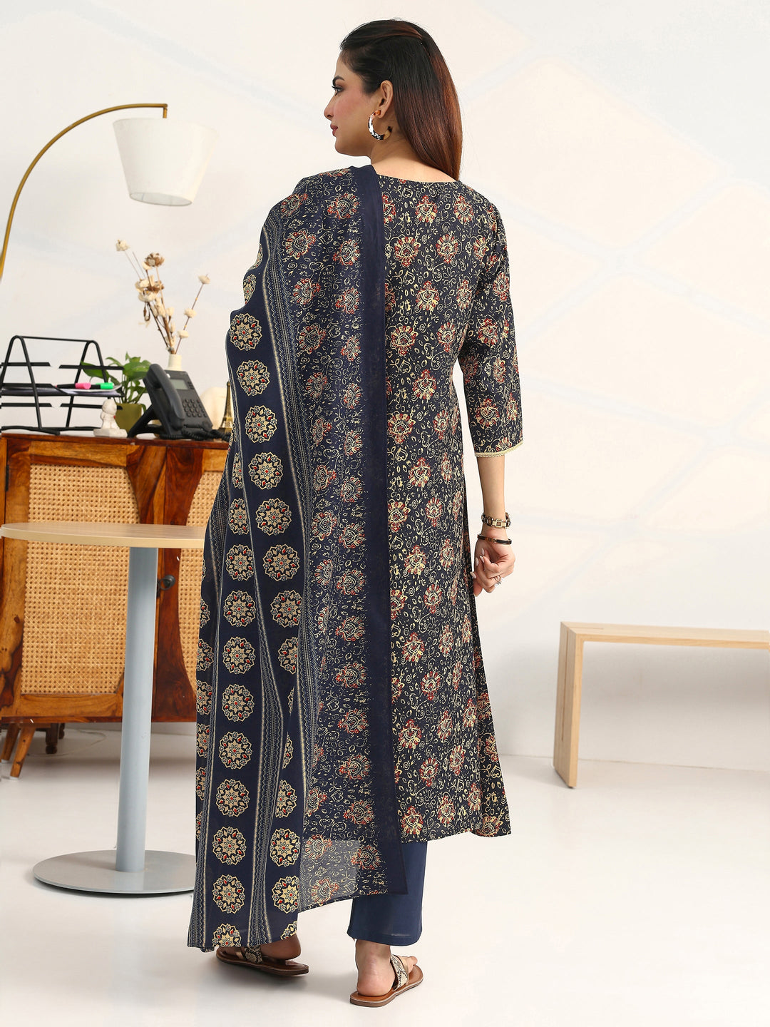 Navy Blue Ethnic Motifs Printed Cotton Blend A-Line Suit Set With Dupatta