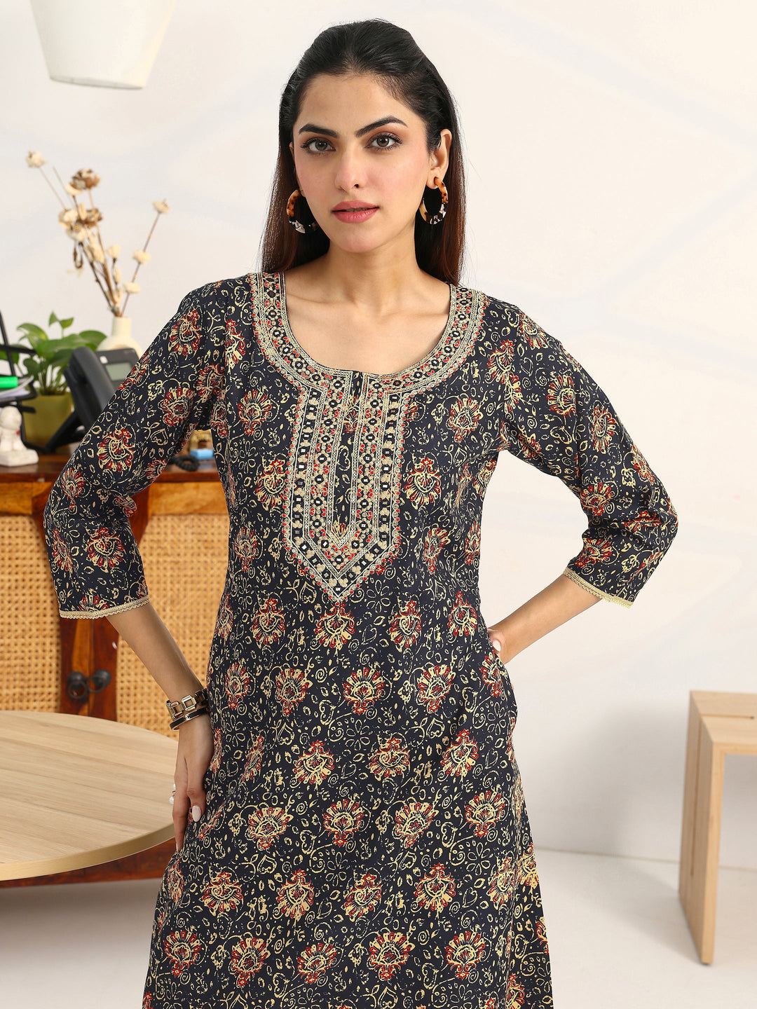 Navy Blue Ethnic Motifs Printed Cotton Blend A-Line Suit Set With Dupatta