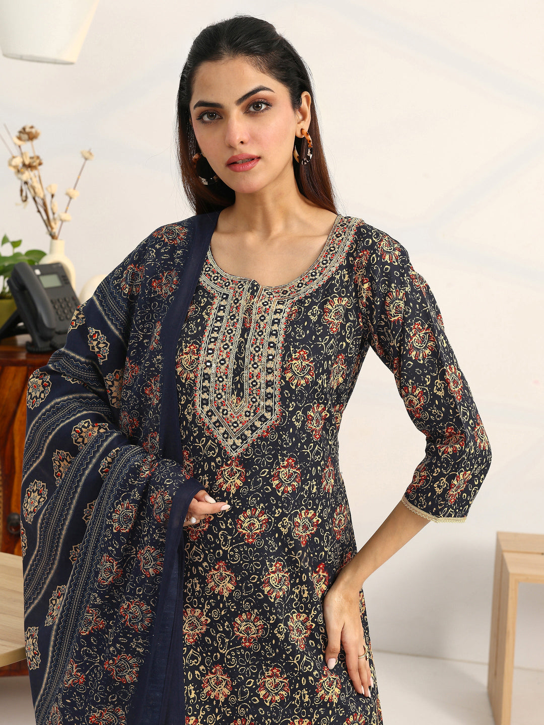 Navy Blue Ethnic Motifs Printed Cotton Blend A-Line Suit Set With Dupatta
